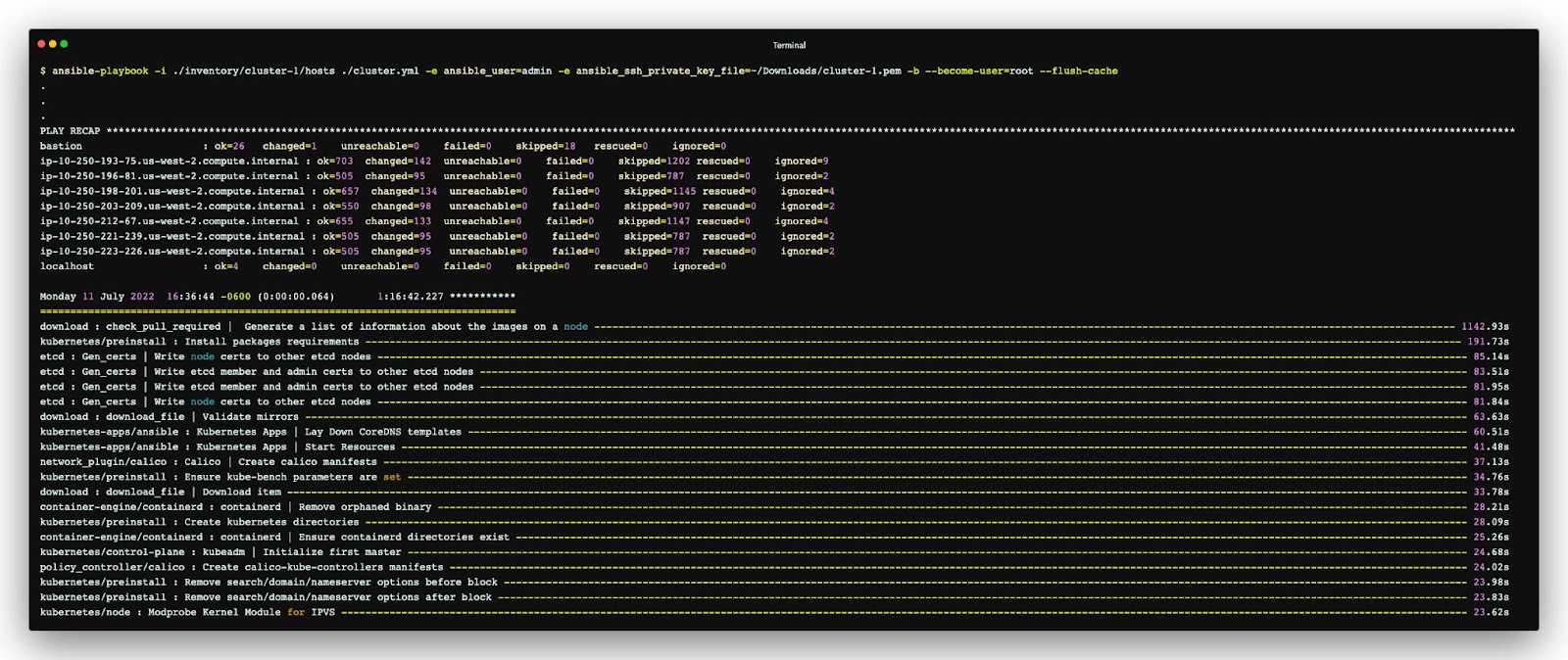 The Ansible playbook successfully created the Kubernetes cluster