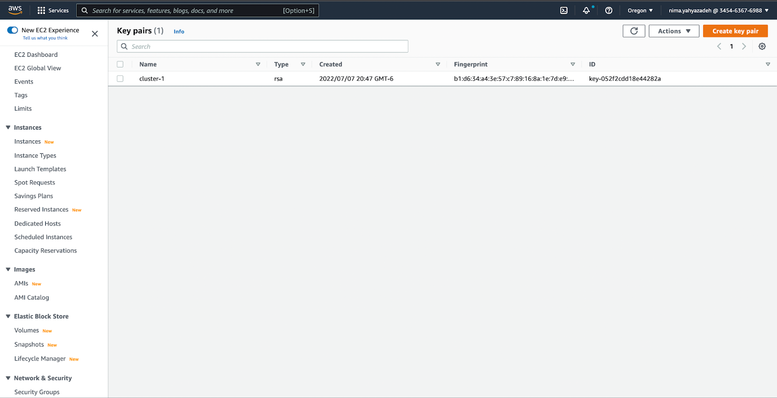 The “cluster-1” EC2 key pair used for SSH access to EC2 instances