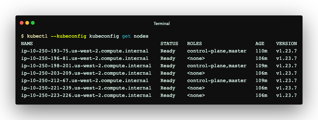 The list of nodes, using kubectl, available in the Kubernetes cluster after creation